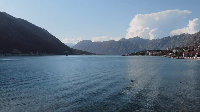 Kotor Bay aerial shot. Sea, mountains, beach and Dobrota
