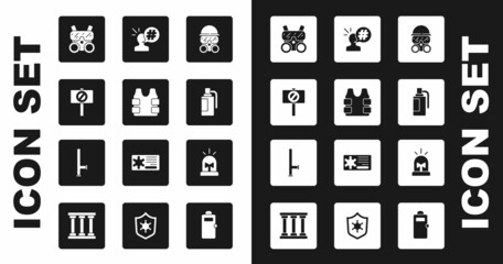 Set Gas mask, Bulletproof vest, Protest, Hand grenade, Flasher siren and Police rubber baton icon. Vector