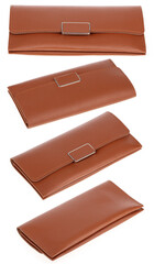 Collection Brown leather purse isolated on white background.