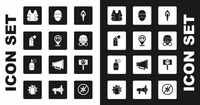 Set Torch flame, Location peace, Paint spray can, Bulletproof vest, Gas mask, Special forces soldier, Peace and Hand grenade icon. Vector