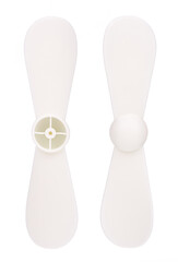 Set of portable usb fan connected to power bank isolated on white background.