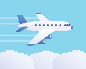 White jet airplane in blue sky flying above clouds vector illustration, passenger airliner travel cartoon icon flat design.