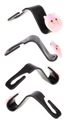 Collection cute plastic wall hanging hooks isolated on a white background.