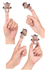 Collection of Hand wearing animal finger puppets isolated on a white background.