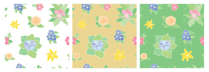 Three seamless floral patterns showing Plumeria, Bignonia, Lily, Hibiscus, Rose, and Hydrangea flowers