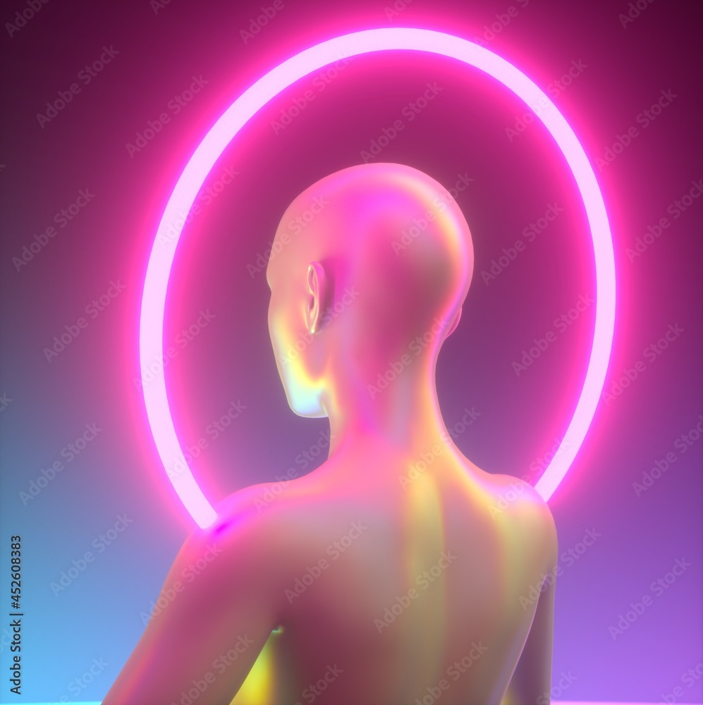 Poster artificial android human with a neon violet halo around the head. 3d illustration in cyberpunk sci-f