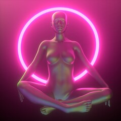 3D illustration of a meditating woman with a neon halo in the lotus position. The concept of a supreme artificial intelligence or cyber godhead.