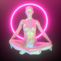 3D illustration of a meditating woman with a neon halo in the lotus position. The concept of a supreme artificial intelligence or cyber godhead.
