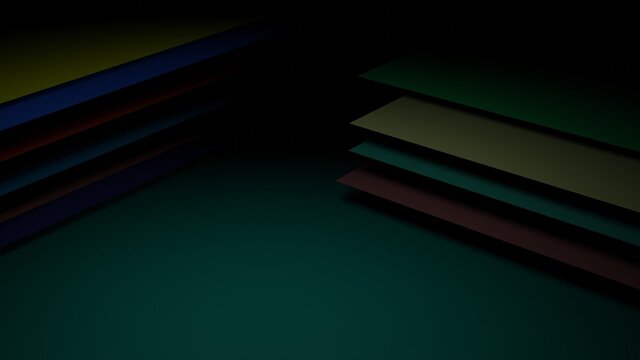 3d render, illustrated multicolored paper background in dark tones and blackish green backgrounds, perfect for design elements themed on education, office, business, arts, or government