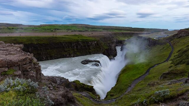 Iceland travel video. Timelapse of Gullfoss waterfall tourist attraction destination. Icelandic waterfalls, famous attraction on the Golden circle. AKA Golden Falls. 8K available