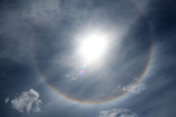 Solar halo in the celestial sky, partly cloudy.