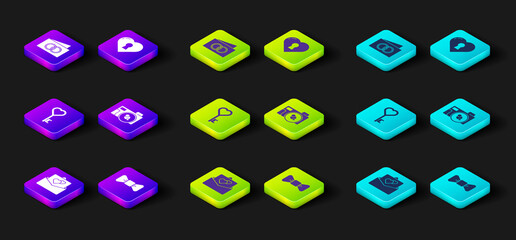 Set Greeting card, Bow tie, Key heart shape, Photo camera, Heart with keyhole and icon. Vector