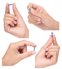 Set of Hand holding Screw, Bolt, Nut isolated on a white background.