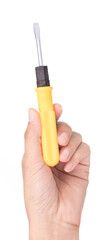 hand holding Flat-Head Screwdriver isolated on white background.