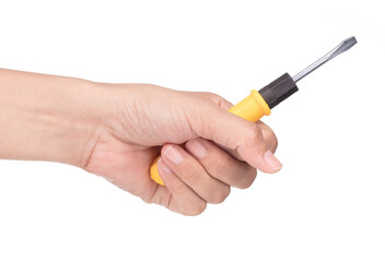 hand holding Flat-Head Screwdriver isolated on white background.