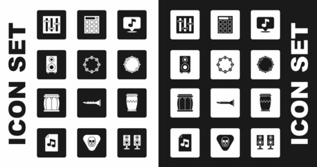 Set Musical note, Tambourine, Stereo speaker, Sound mixer controller, Dial knob level, Drum machine, and icon. Vector