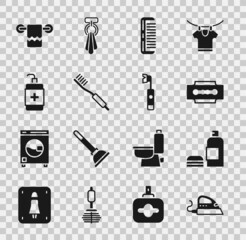 Set Electric iron, Bottle of shampoo, Blade razor, Hairbrush, Toothbrush, Hand sanitizer bottle, Towel hanger and toothbrush icon. Vector