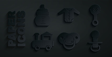 Set Baby dummy pacifier, Rattle baby toy, Toy train, clothes and bottle icon. Vector