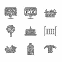 Set Cake with burning candles, Baby bottle, clothes, crib cradle, bathtub, Lollipop, and icon. Vector