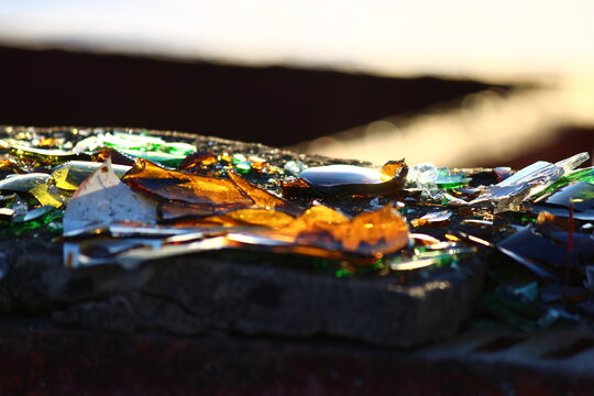 Multi-colored shards of bottle glass illuminated by the sun