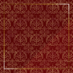 高級感のあるダマスク柄の背景　正方形　レッド＆ゴールド