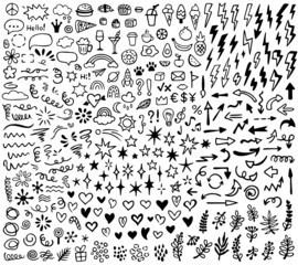 Vector set of different doodles, bubbles, food, hearts, stars, arrows, lightnings, branches, signs and symbols. Hand drawn elements, isolated on white background. - 452613542
