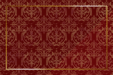 高級感のあるダマスク柄の背景　長方形　レッド＆ゴールド