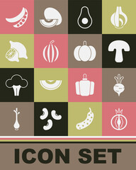 Set Tomato, Beet, Mushroom, Avocado fruit, Watermelon, Lemon, Green peas and Pumpkin icon. Vector