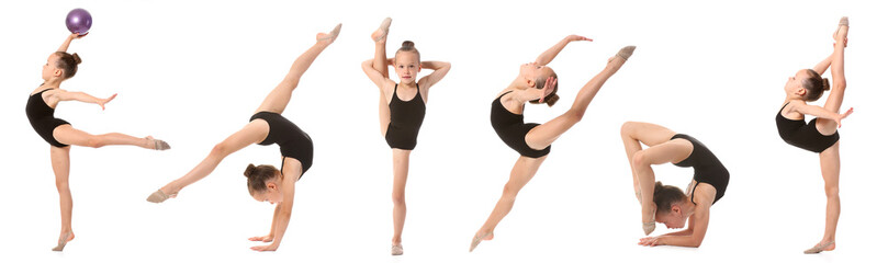 Fototapeta na wymiar Set of little girl doing gymnastic exercises isolated on white