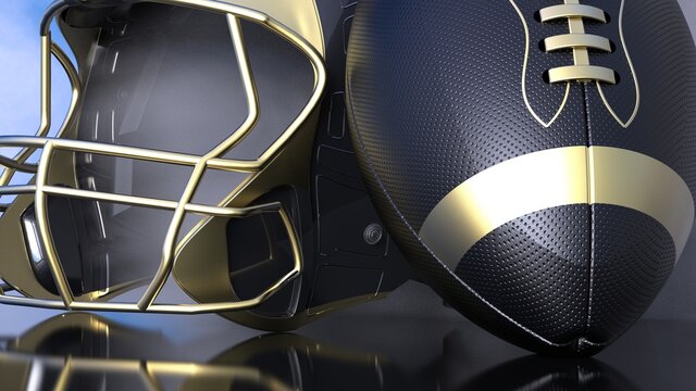 American football Gold-Black helmet and Gold-Black Ball with dark black toned foggy smoke under blue sky lighting. 3D illustration. 3D high quality rendering.