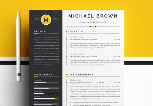 Yellow and Black Resume Layout with Photo