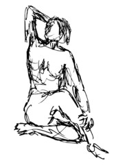 Doodle art illustration of a nude female human figure model sitting on floor down done in continuous line drawing style in black and white on isolated background.