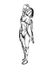 Fototapeta na wymiar Doodle art illustration of a nude female human figure posing standing done in continuous line drawing style in black and white on isolated background.