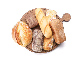 Board with different fresh bread on white background
