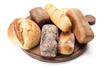 Board with different fresh bread on white background