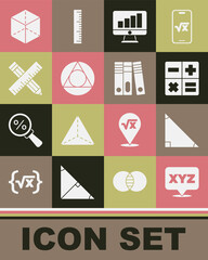 Set XYZ Coordinate system, Triangle math, Calculator, Computer monitor with graph chart, Crossed ruler and pencil, Geometric figure Cube and Office folders icon. Vector