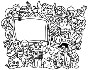 monster group with copy space frame .Hand doddle of monster for Halloween card. Vector illustrative of Halloween poster in hand drawing style.
