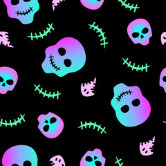 Colorful neon Halloween seamless pattern with skulls and ghosts. Cute modern vector illustration in a cartoon style.