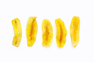 Banana slice chips on white background