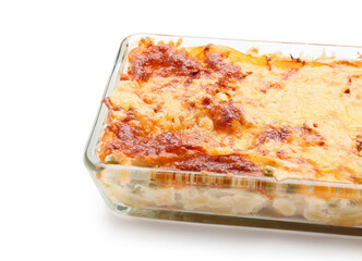 Baking dish with tasty vegetable lasagna on white background, closeup