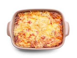 Baking dish with tasty vegetable lasagna on white background
