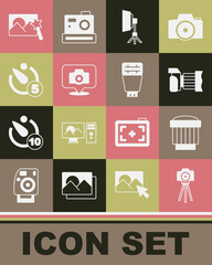 Set Photo camera, Camera photo lens, Softbox light, timer, retouching and flash icon. Vector