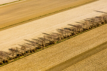 Scenic landscape with aerial view of agricultural fields in springtime, Quebec, Canada