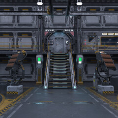 3D-illustration of a load room in a science fiction starship