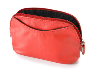 Stylish cosmetic bag on white background