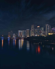 Fototapeta na wymiar view of the city night Miami Florida downtown bridge buildings skyscrapers reflections travel panorama 