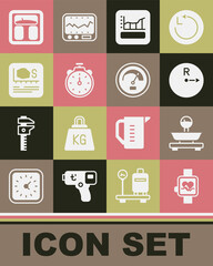 Set Smart watch, Scales, Radius, Graph, schedule, chart, diagram, Stopwatch, Area measurement, Bathroom scales and Speedometer icon. Vector