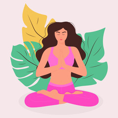 Young woman sitting in yoga lotus pose. Peaceful meditation girl on the background of beautiful leaves. Concept illustration for yoga, meditation, relaxation, healthy, anti-stress lifestyle.