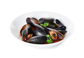 Plate with tasty Mussels Marinara on white background