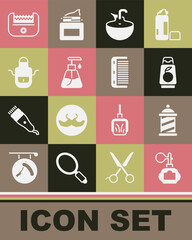 Set Aftershave, Barber shop pole, Bottle of shampoo, Washbasin, Cream cosmetic tube, apron, Electrical hair clipper and Hairbrush icon. Vector